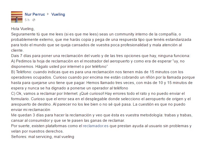 Queja de Nuria en en la red social de Facebook de Vueling el 9 de marzo