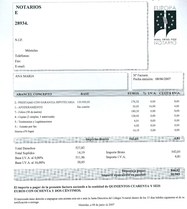 ejemplo de factura del notario en gastos de formalización de hipoteca. foto de reclamador.es, compañía de reclamaciones online