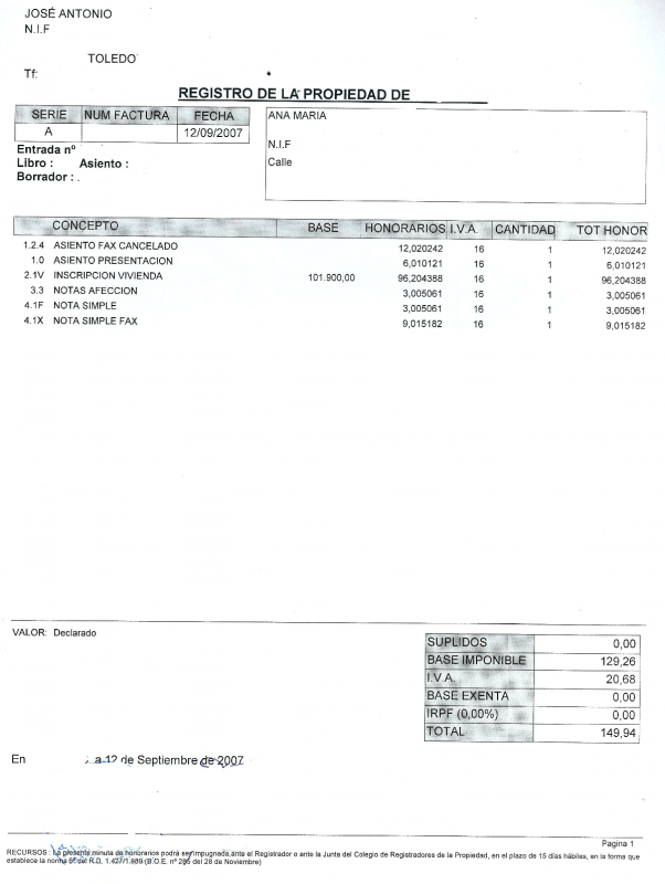 ejemplo de factura del registro en gastos de formalización de hipoteca. foto de reclamador.es, compañía de reclamaciones online